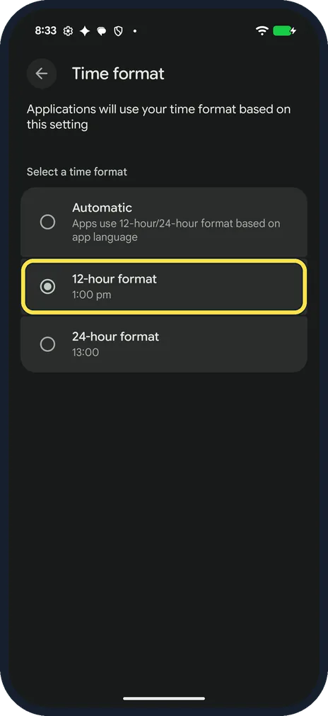 Android screenshot: Pick 12-hour or 24-hour
