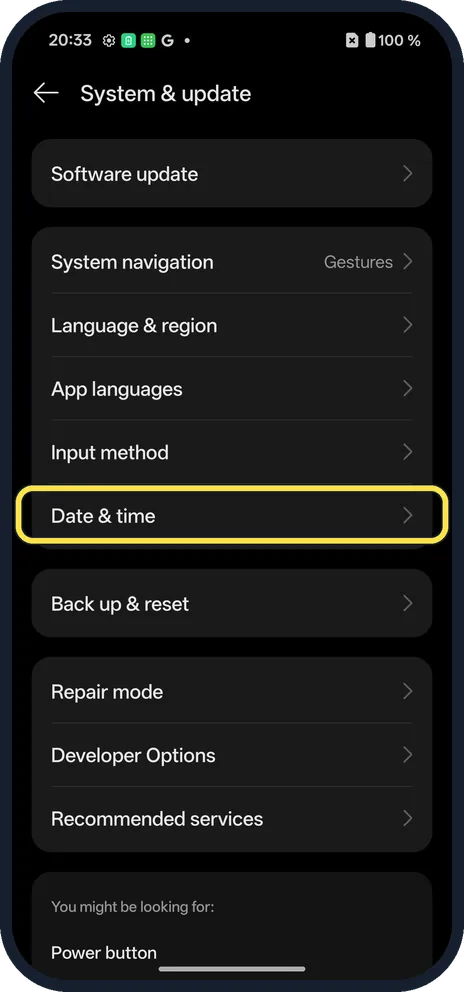 Screenshot from the guide: How to switch between 12-hour and 24-hour time on a OnePlus
