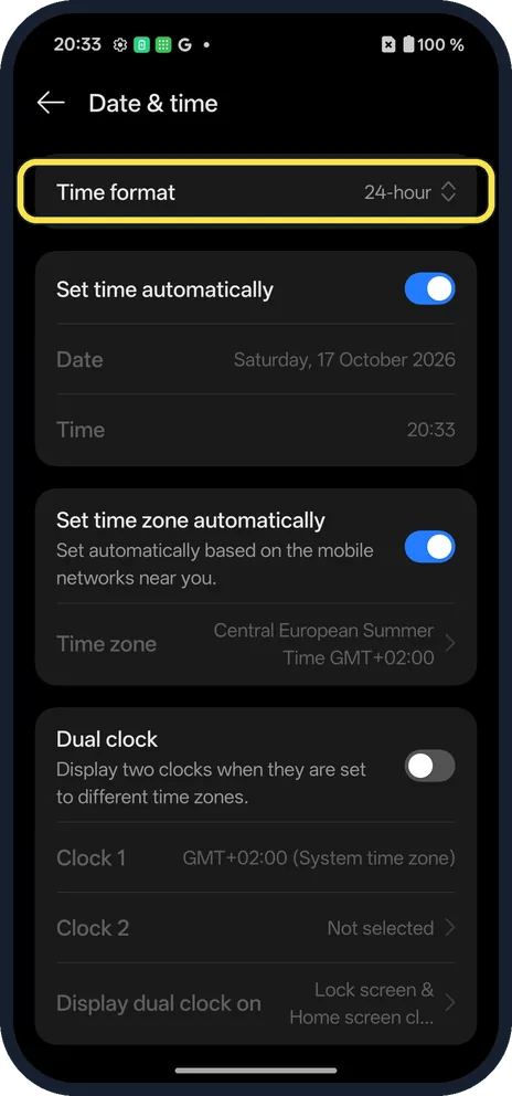Android screenshot: Tap Time format