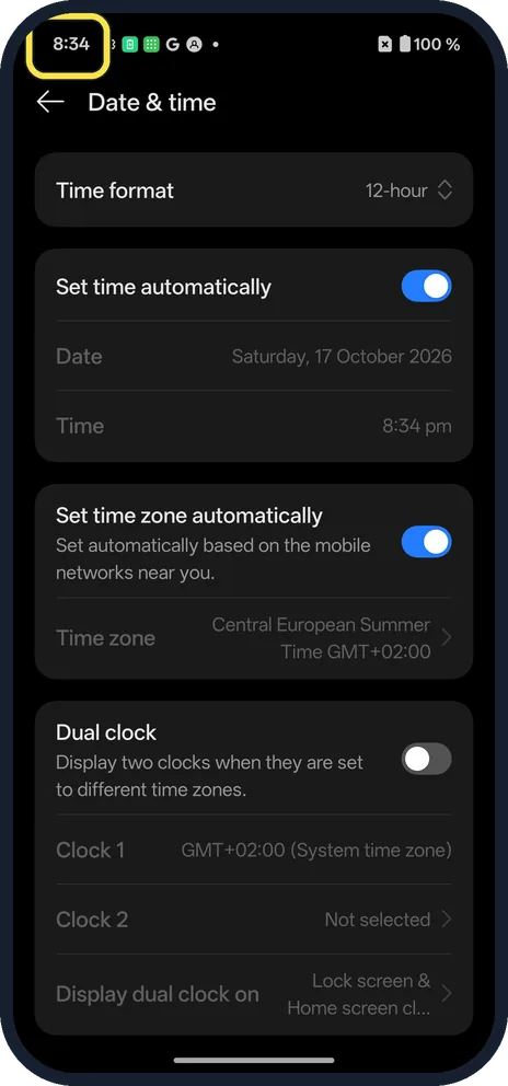 Android screenshot: Check the clock