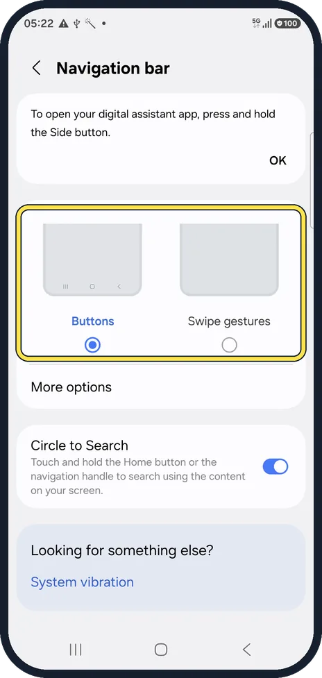 Android screenshot: Choose Buttons or Swipe gestures