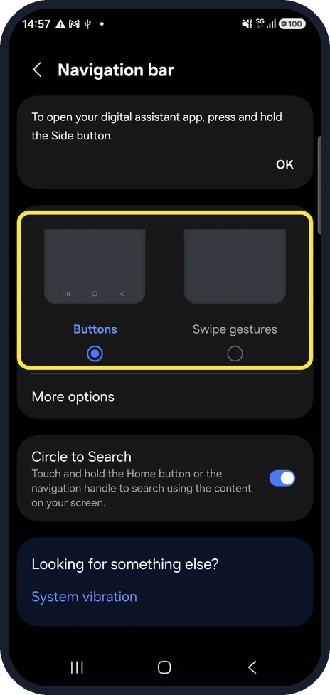 Android screenshot: Choose Buttons or Swipe gestures