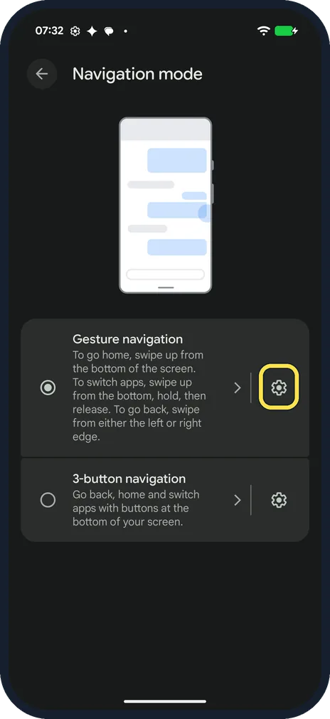 Android screenshot: Open the gesture settings