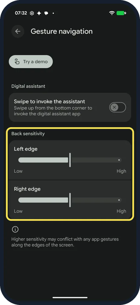 Android screenshot: Set the back sensitivity