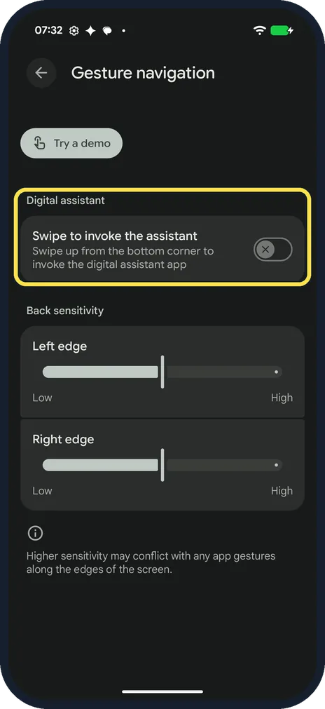 Android screenshot: Swipe to invoke the assistant