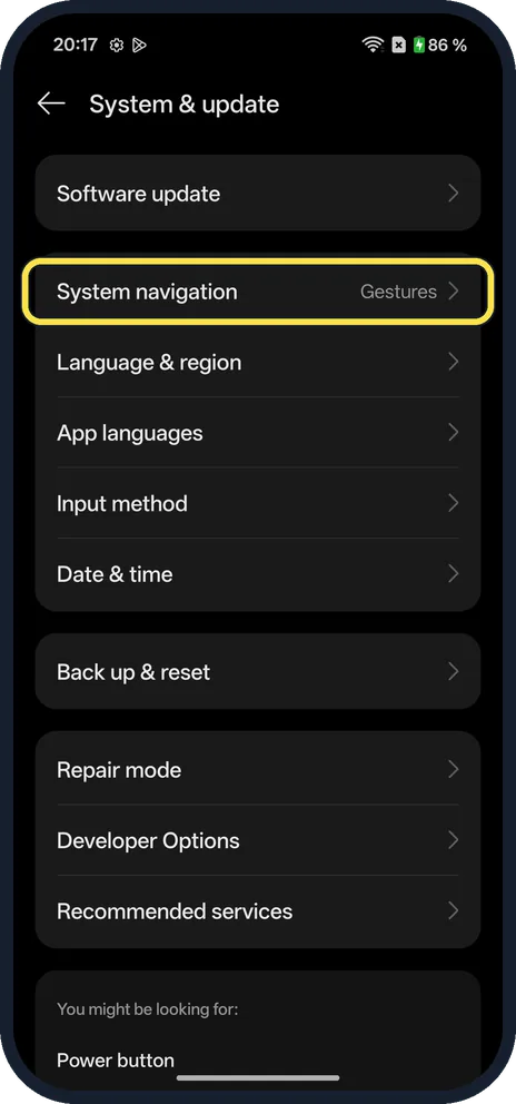 Screenshot from the guide: How to switch between gestures and buttons on a OnePlus (OxygenOS 16)