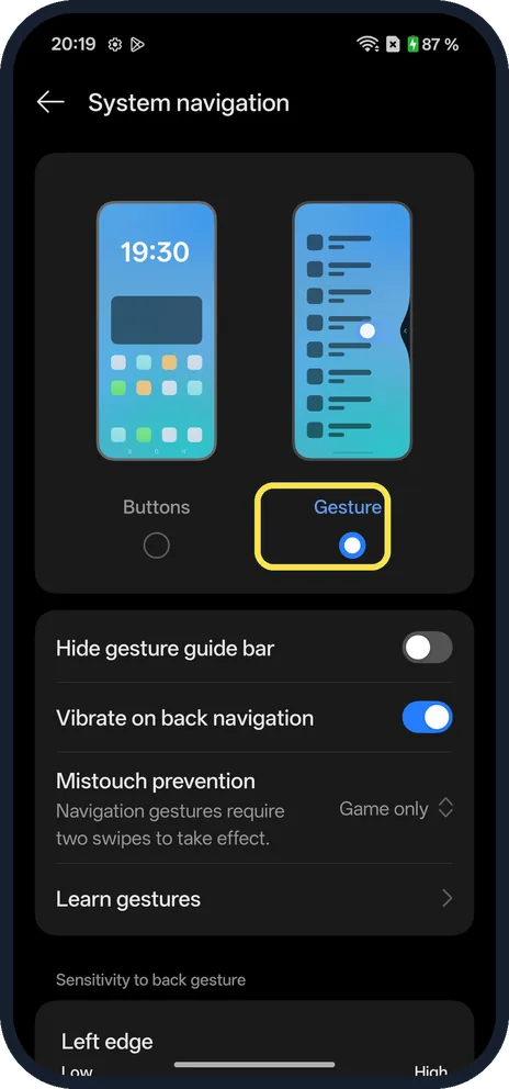 Android screenshot: Gestures settings