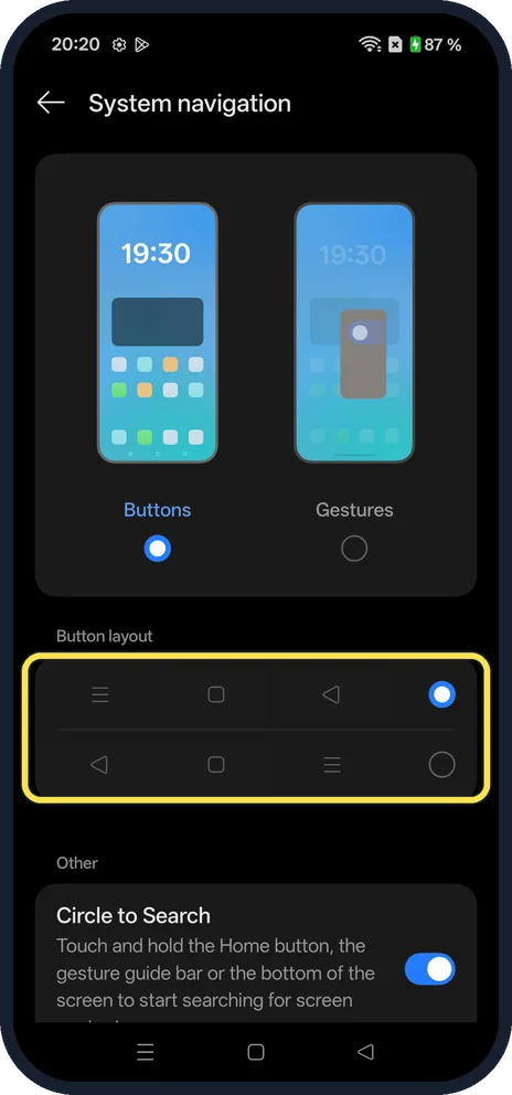 Android screenshot: Choose Buttons