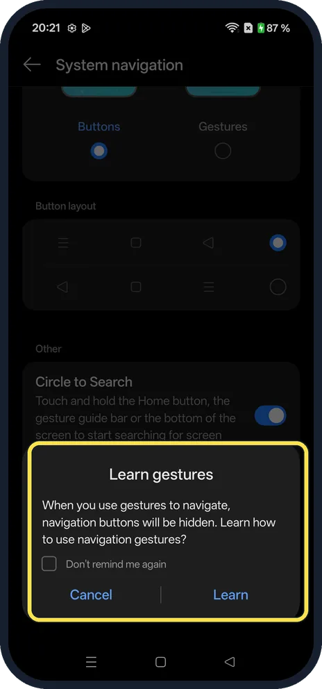 Android screenshot: Switch back to gestures