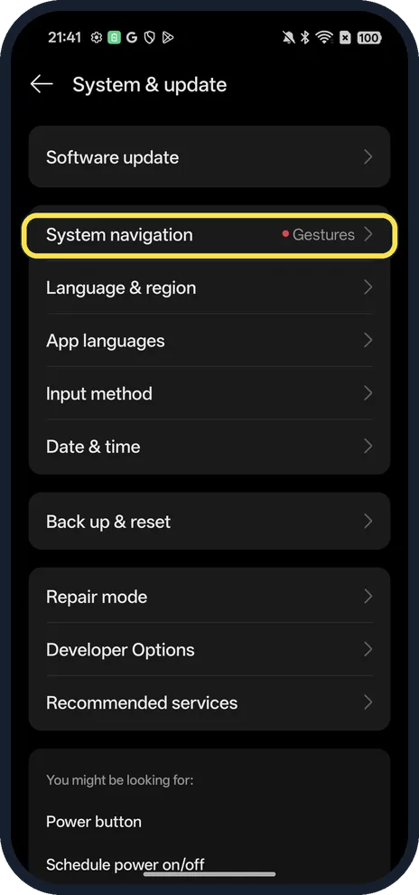 Android screenshot: Tap System navigation