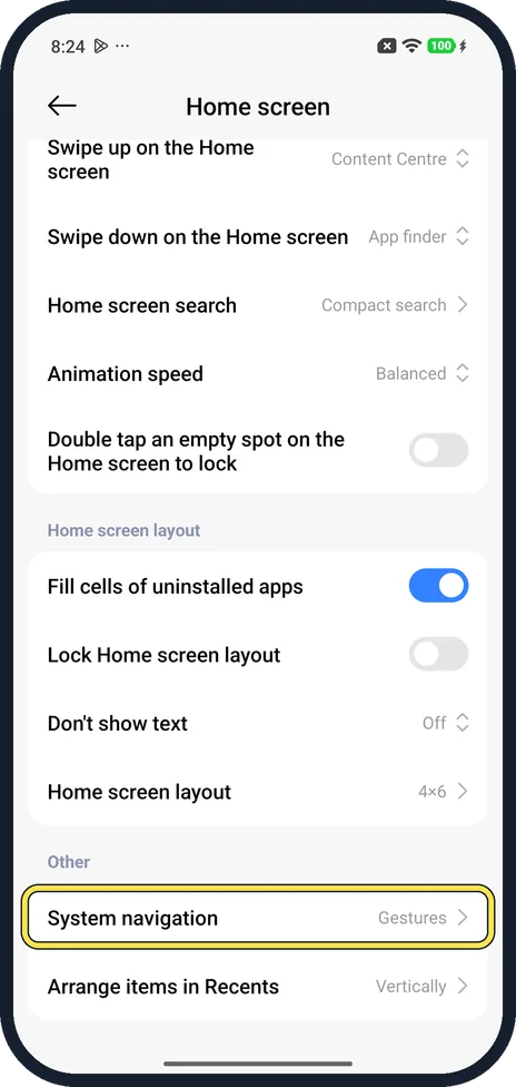 Android screenshot: Open Home screen