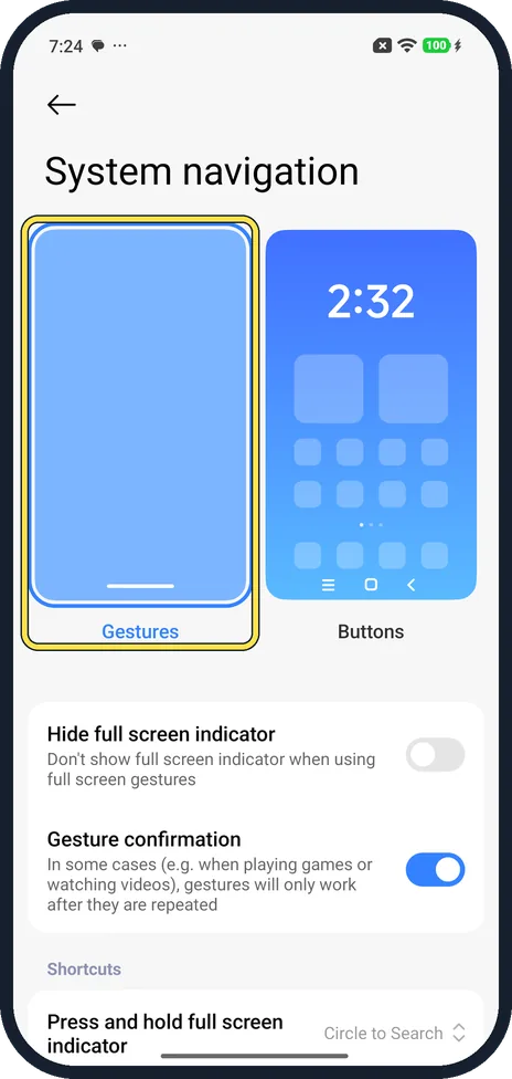 Android screenshot: Gestures or Buttons
