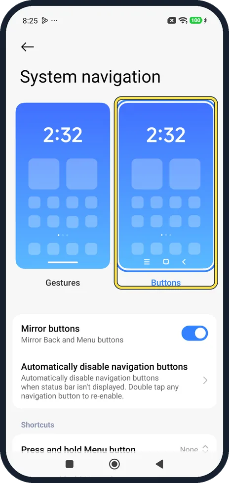 Android screenshot: Tap Buttons for three buttons