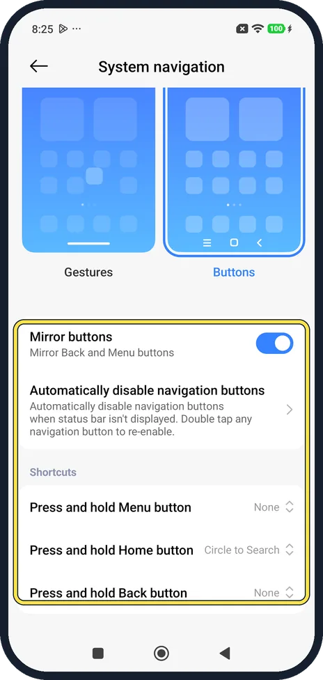 Android screenshot: Button options