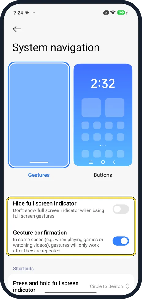 Android screenshot: Gesture options