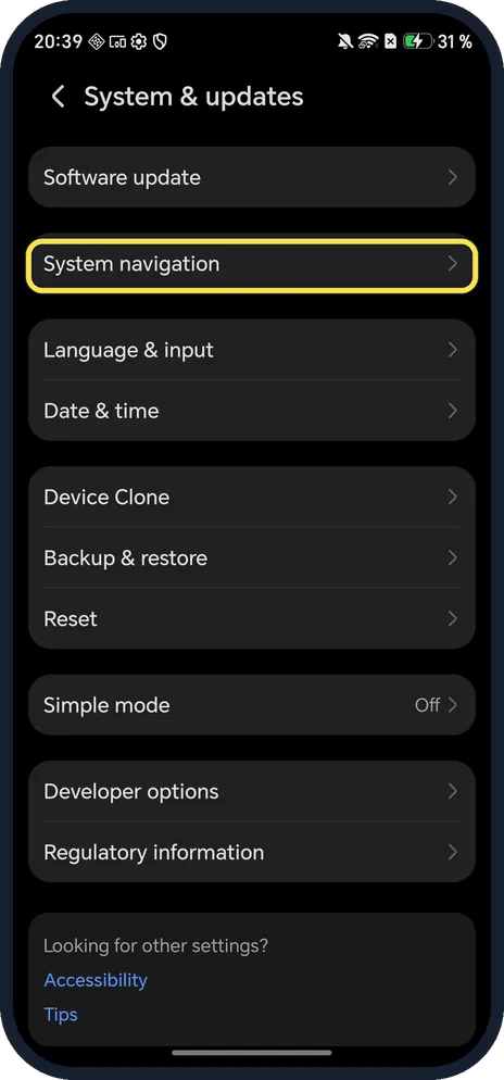 Android screenshot: Tap System navigation