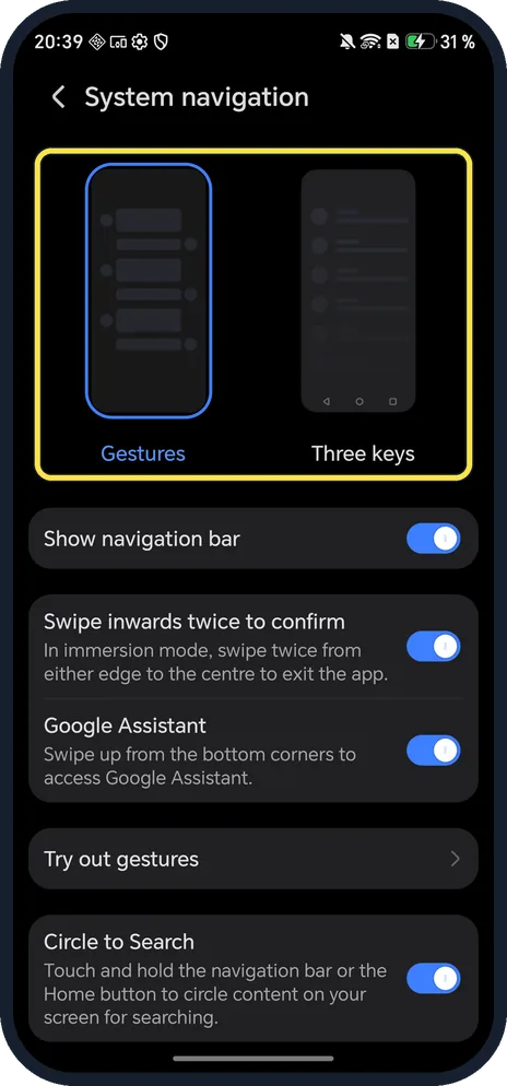 Android screenshot: Tap Gestures or Three keys