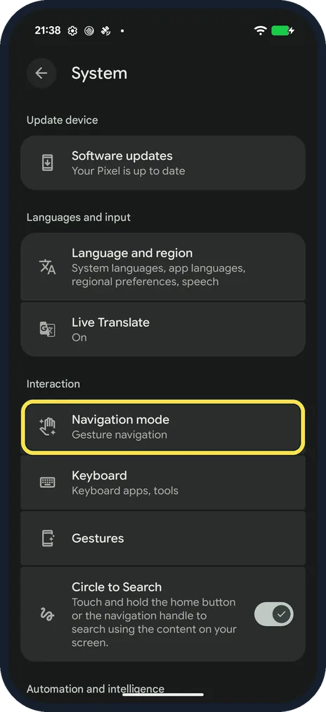 Android screenshot: Tap Navigation mode