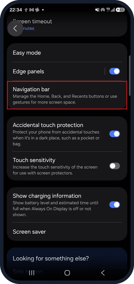 Android screenshot: Samsung Galaxy: open Display, then Navigation bar
