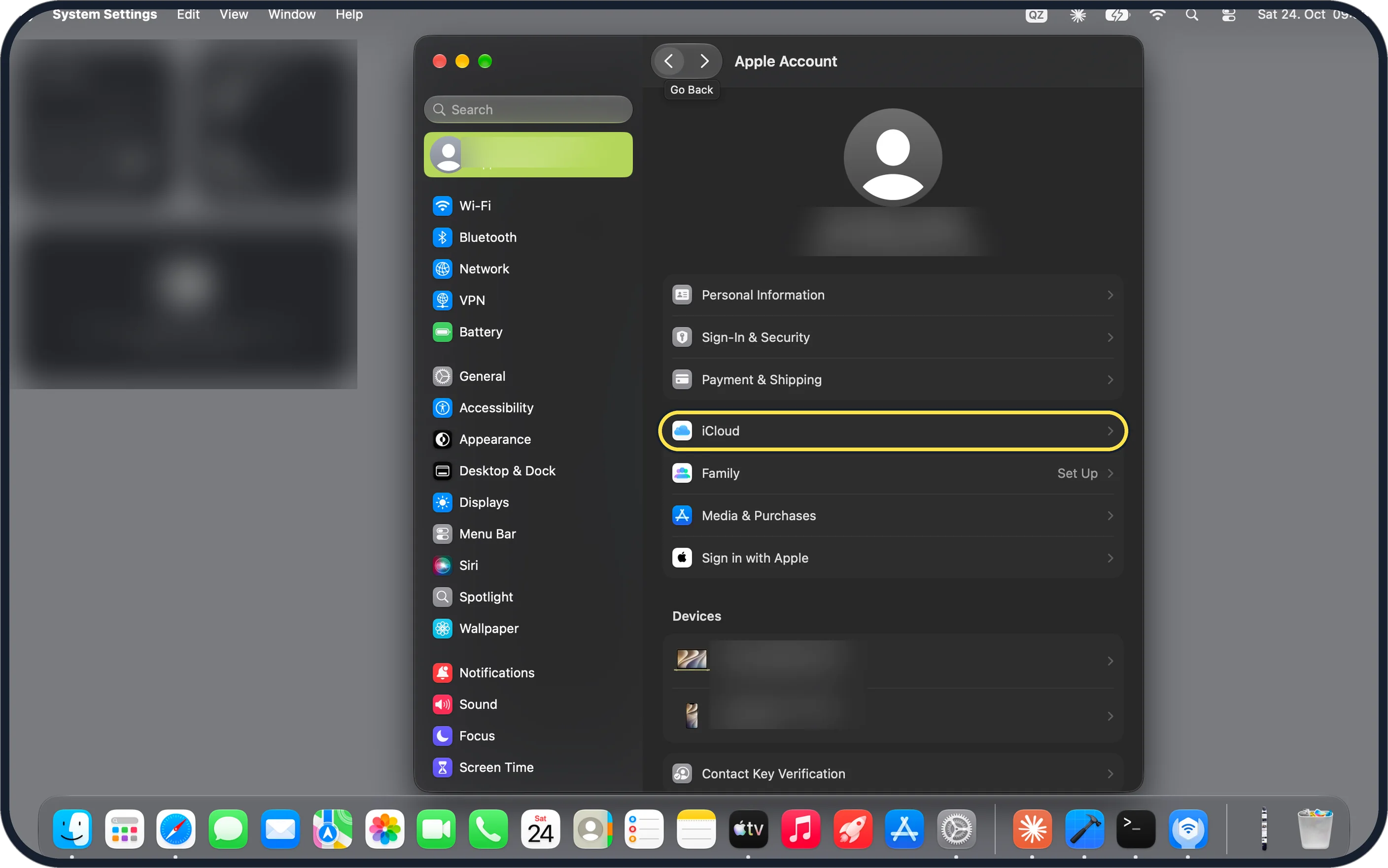 Mac screenshot: Click your name, then iCloud