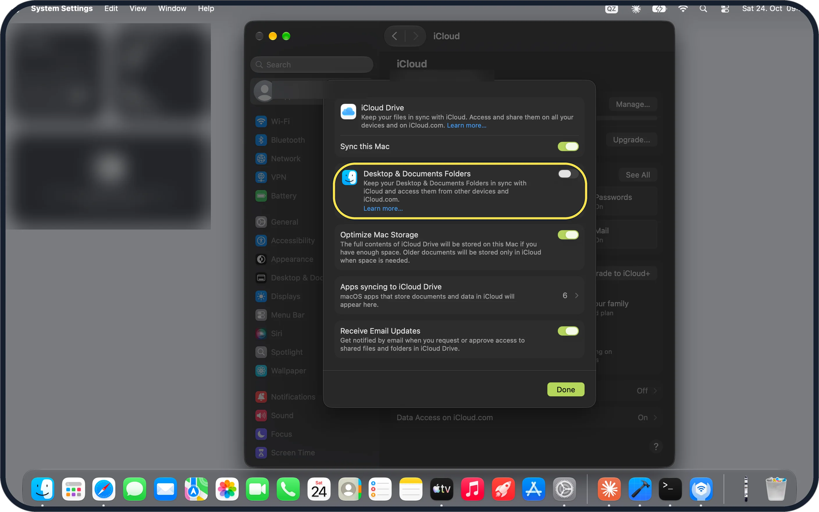 Mac screenshot: Switch on Desktop & Documents Folders