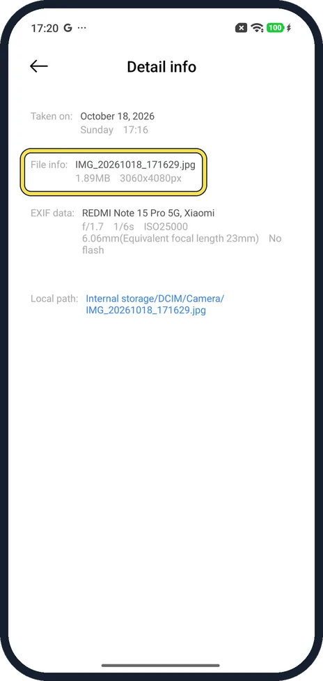Android screenshot: Compare with a Photo mode picture