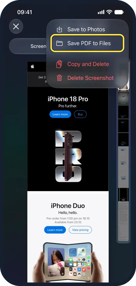 iPhone screen: Tap the tick, then Save PDF to Files