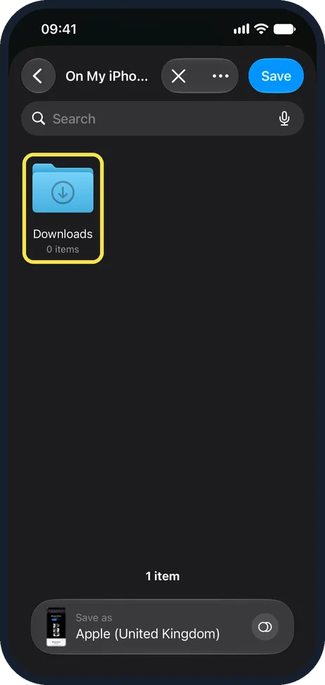 iPhone screen: Pick a folder and tap Save