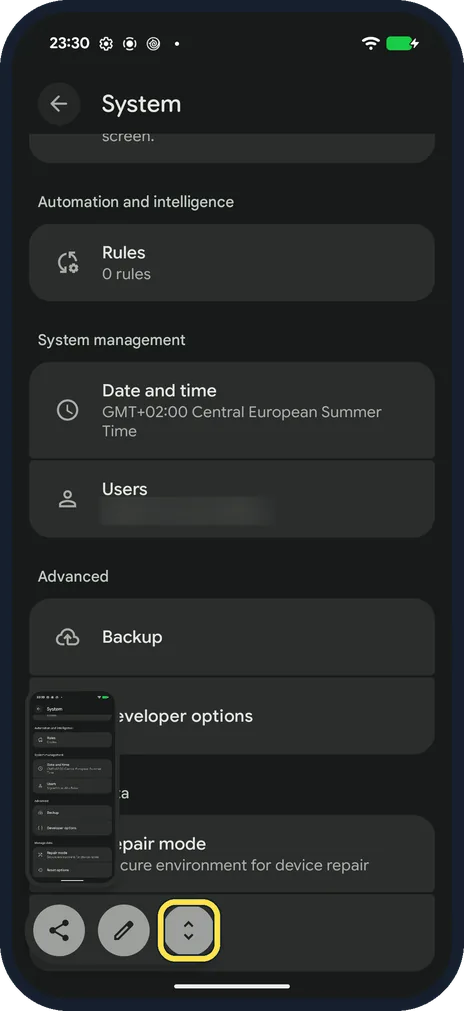 Android screenshot: Tap Capture more for a long page