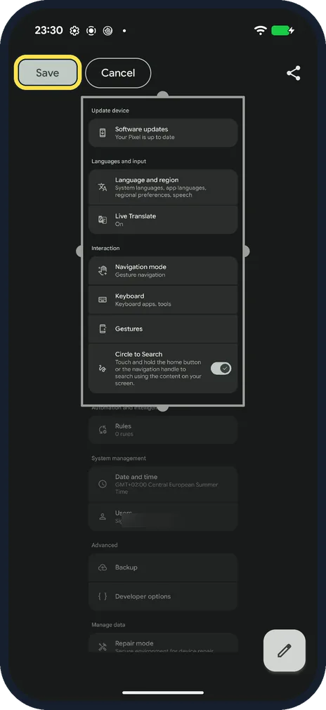 Android screenshot: Tap Save