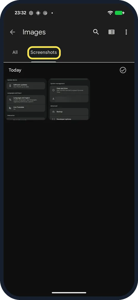 Android screenshot: Find your screenshots