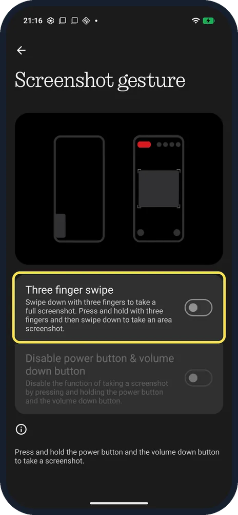 Android screenshot: Check Three finger swipe