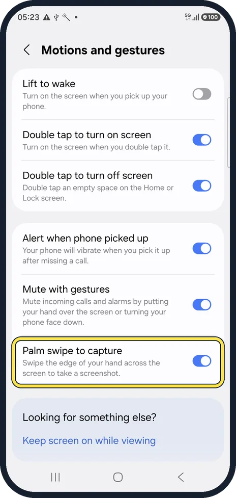 Android screenshot: Find Palm swipe to capture