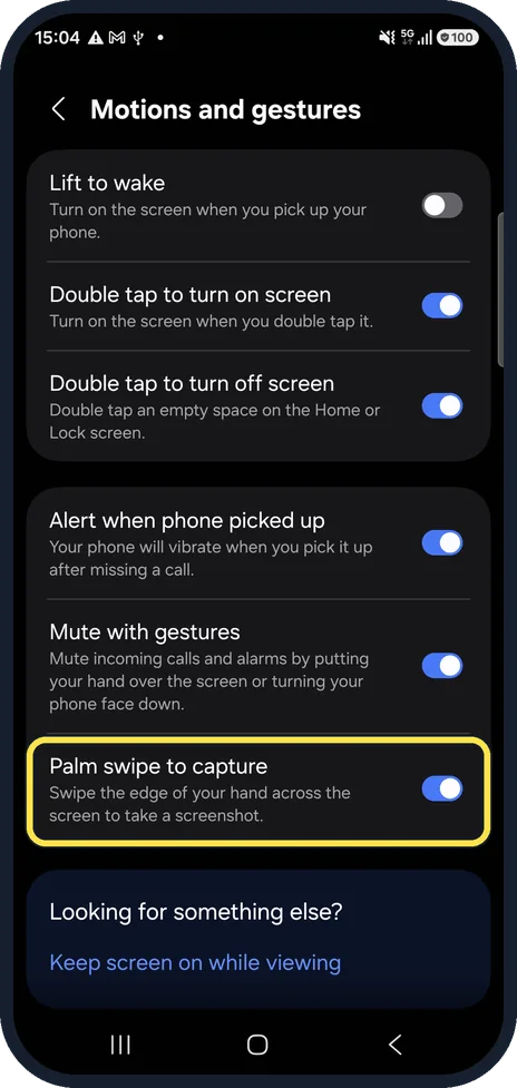 Android screenshot: Find Palm swipe to capture