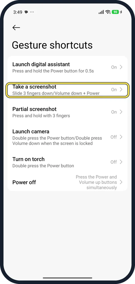 Android screenshot: Open Gesture shortcuts