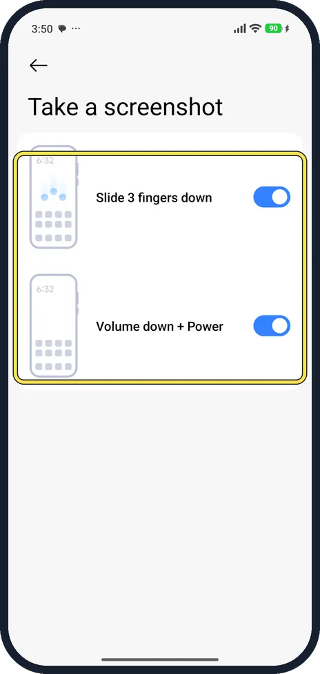 Android screenshot: Turn on the screenshot gestures