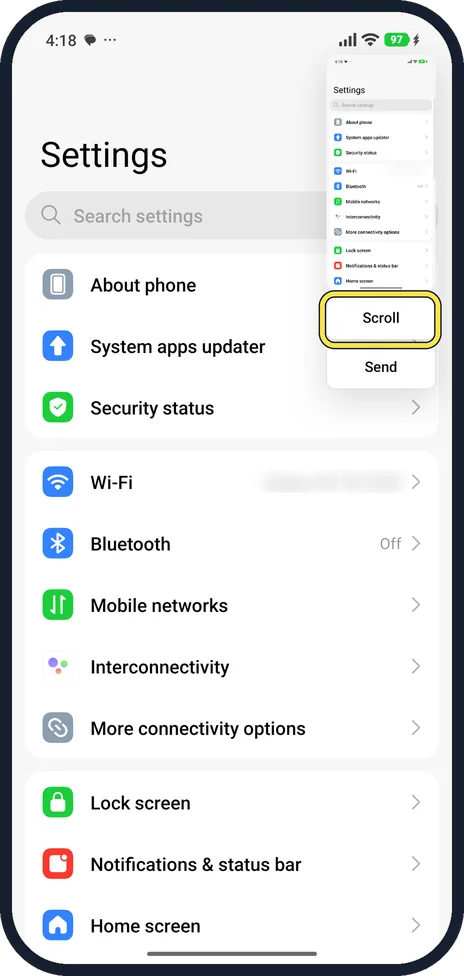 Android screenshot: Tap Scroll for a long page
