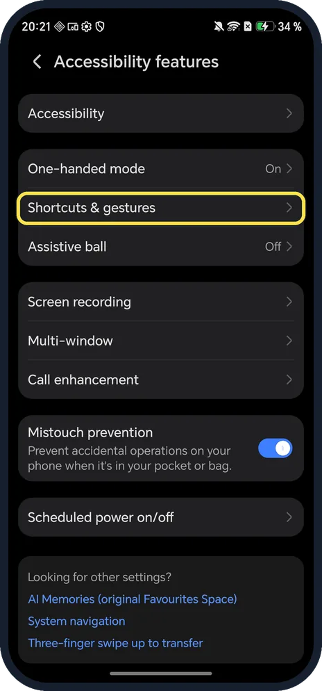 Android screenshot: Tap Shortcuts & gestures