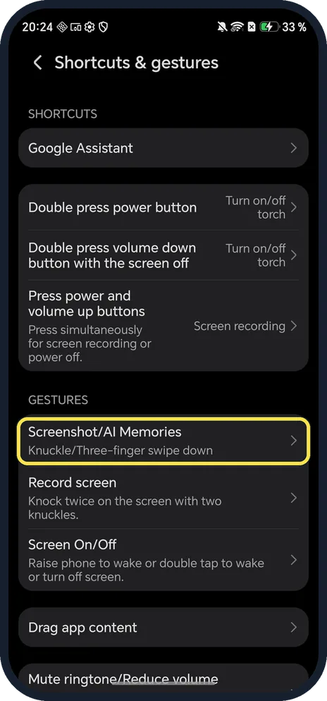 Android screenshot: Tap Screenshot/AI Memories