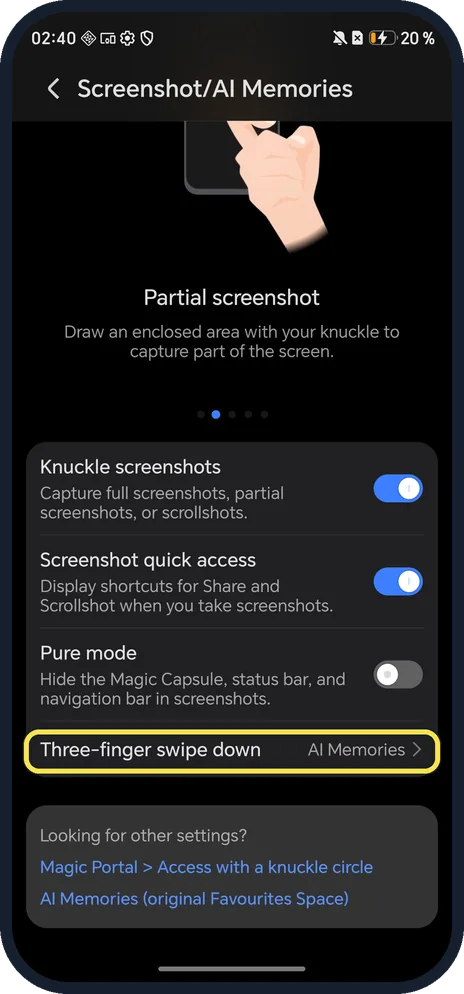 Android screenshot: Tap Three-finger swipe down