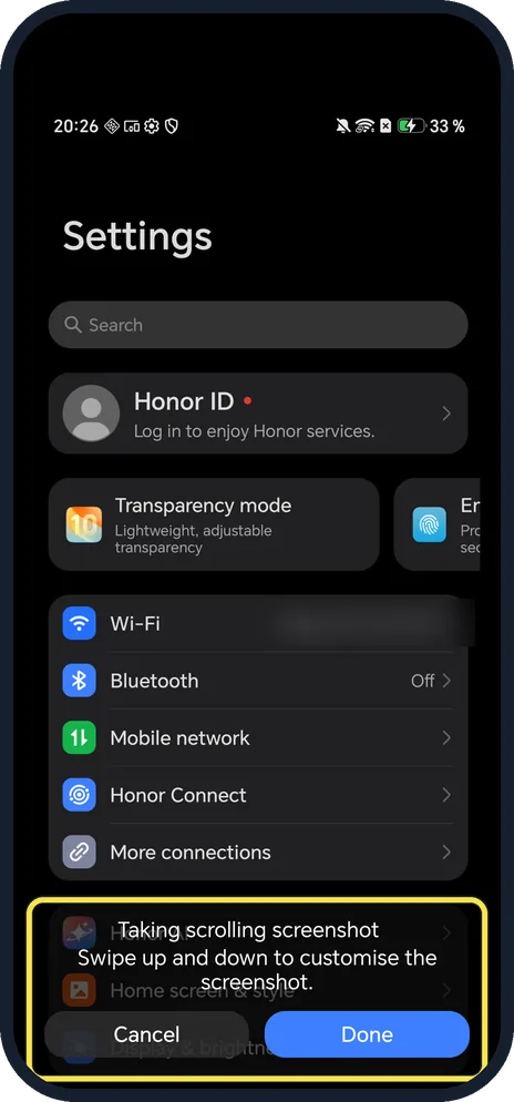 Android screenshot: Tap Scrollshot for a long page