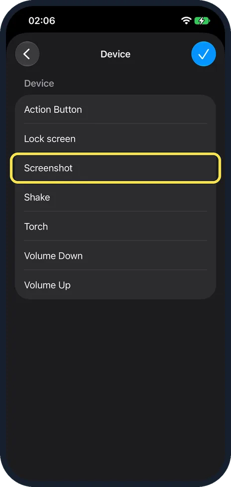 iPhone screen: Choose Device, then Screenshot