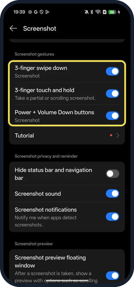 Android screenshot: Check the screenshot gestures