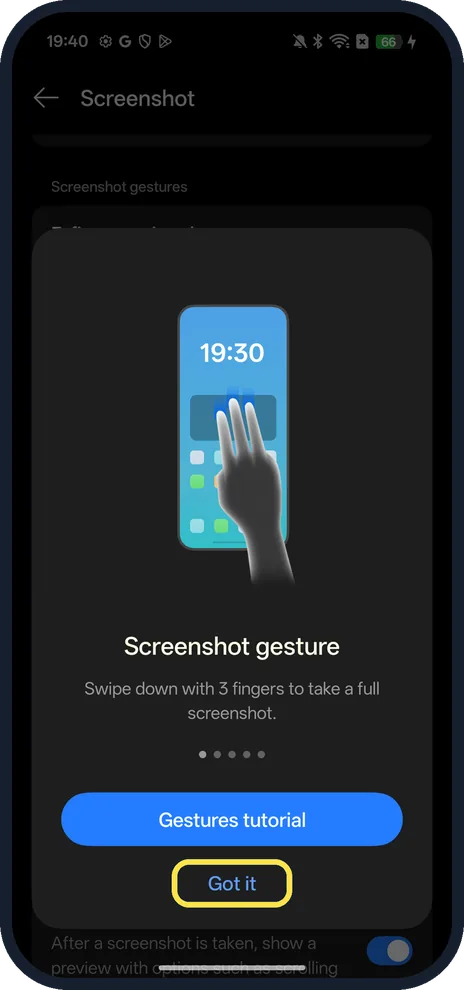 Android screenshot: Swipe down with three fingers