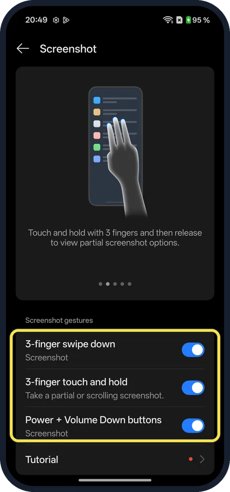 Android screenshot: Check the screenshot gestures