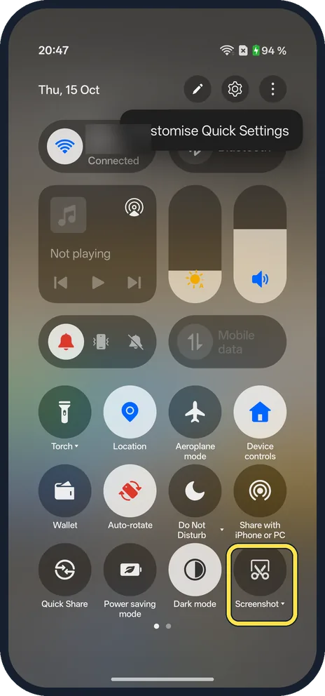 Android screenshot: Or use the tile