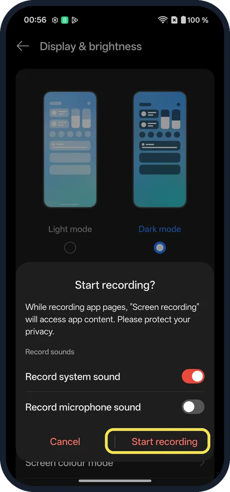 Android screenshot: Start recording