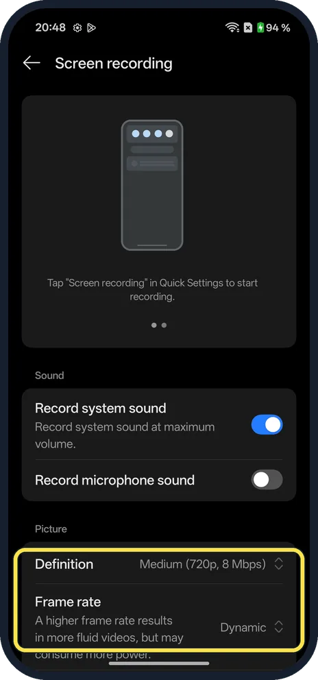 Android screenshot: Set the quality