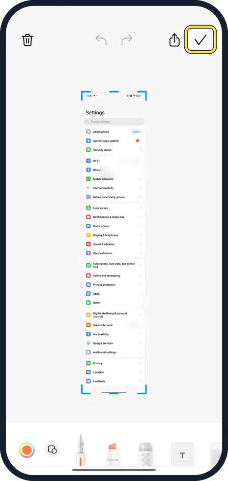 Android screenshot: Tap the tick to save