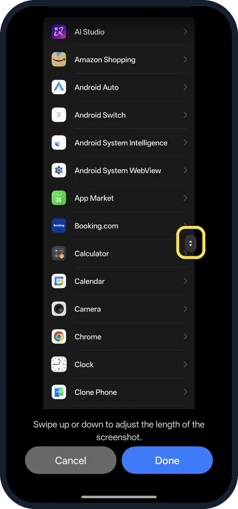 Android screenshot: Tap Scroll on the preview, and the editor opens
